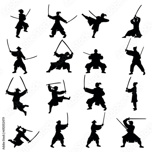 Collection of silhouette illustrations of samurai