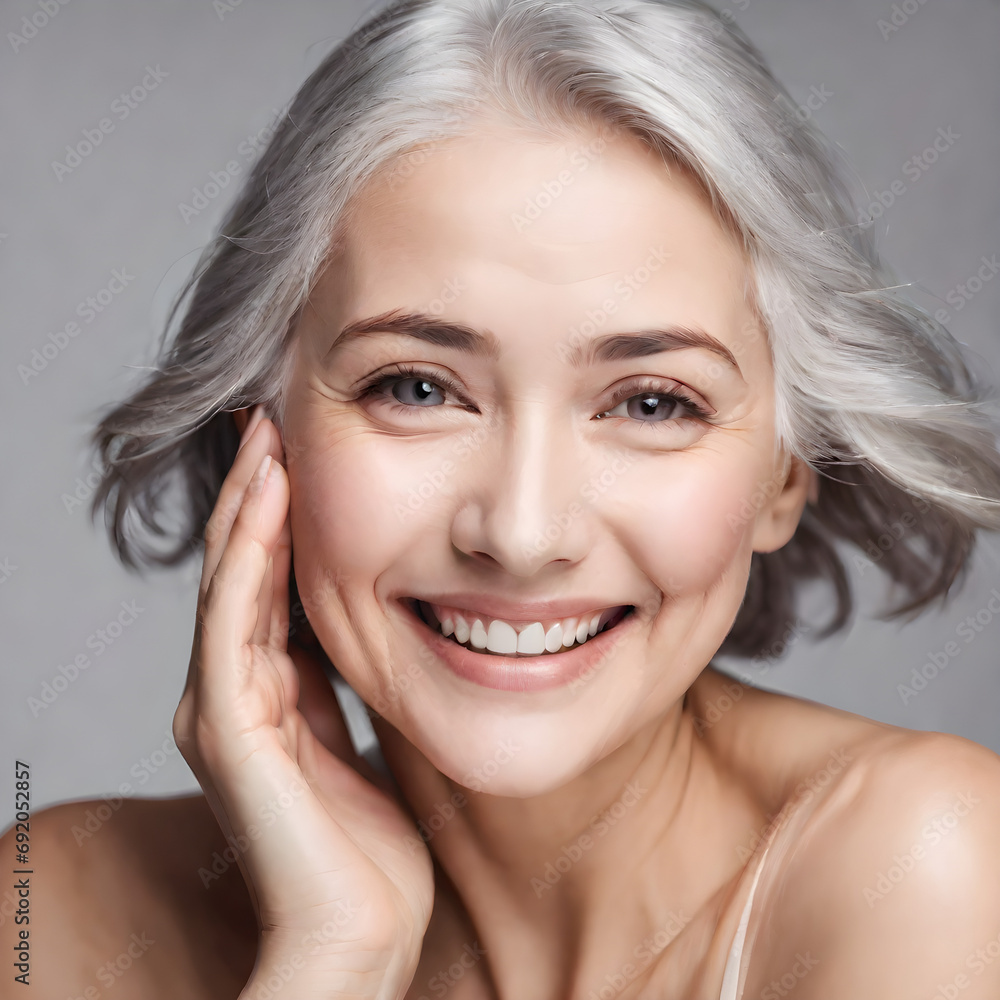 woman touch face with smooth healthy skin beautiful aging young looking woman with gray hair woman touch face with smooth healthy skin beautiful aging young looking woman with gray hair