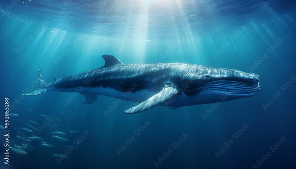 Fototapeta premium Blue Whale under water with sun light streaming down from the surface above.