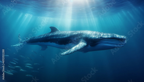 Blue Whale under water with sun light streaming down from the surface above. © kilimanjaro 