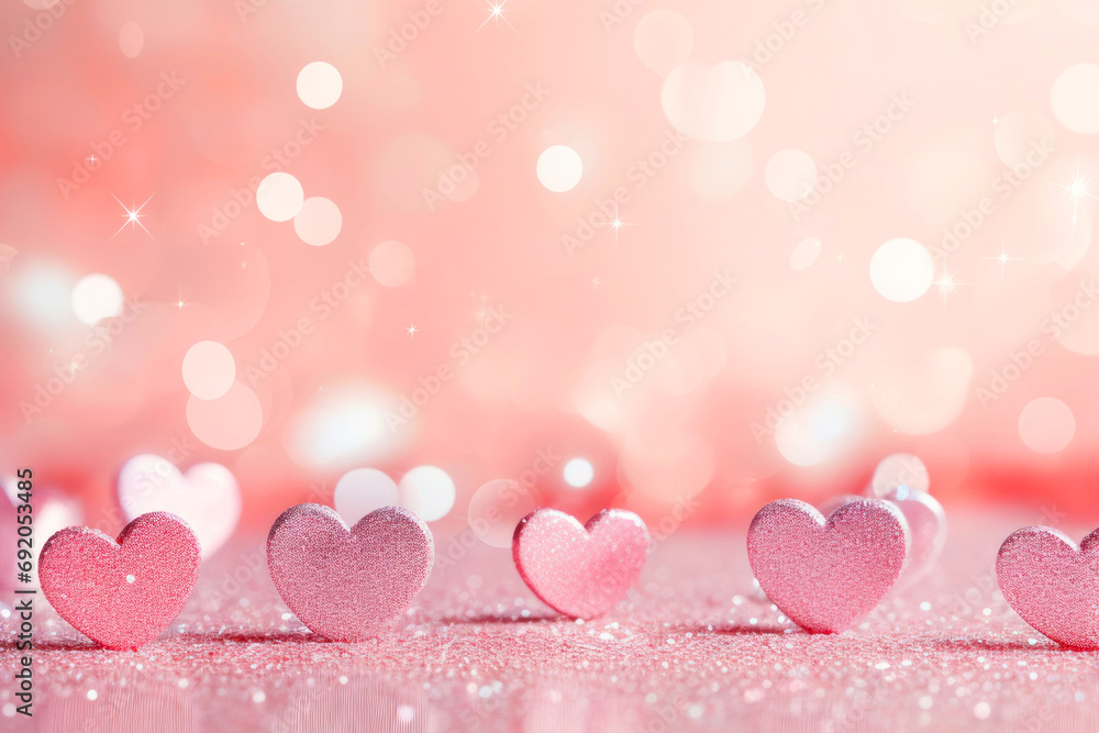 Holiday card for Valentine's Day with pink hearts and lights, blurred background and beautiful bokeh, copy space for text