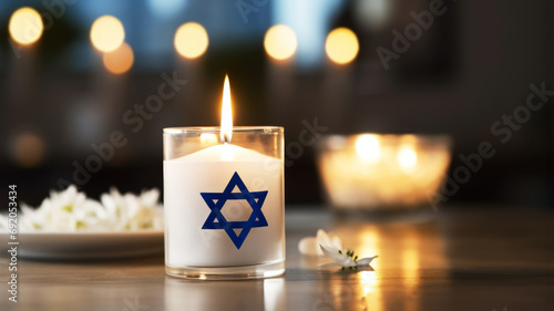 On a table, burning candle with the Star of David embody the concept of International Holocaust Remembrance Day. January 27 is Memory Day, a commemoration of the Holocaust. Copy space. Banner photo