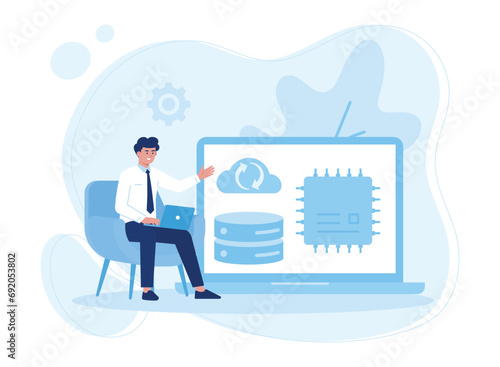 the system automatically backs up data with the cloud concept flat illustration
