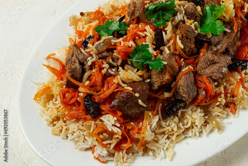 Kabuli pulao, pilaf, the national dish of Afghanistan, rice with meat , homemade, no people,