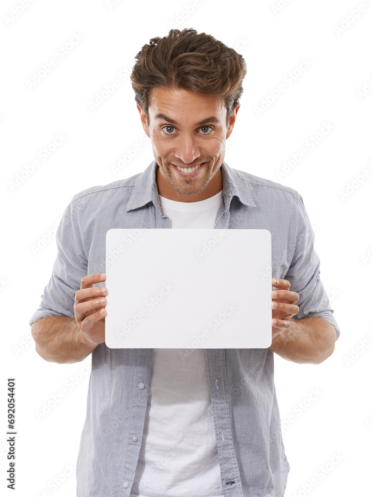 Portrait, sign and happy man on poster, advertising and mockup space isolated on a white studio background. Face, paper and person show banner on promotion, info or blank billboard presentation offer Portrait, sign and happy man on poster, advertising and mockup space isolated on a white studio background. Face, paper and person show banner on promotion, info or blank billboard presentation offer