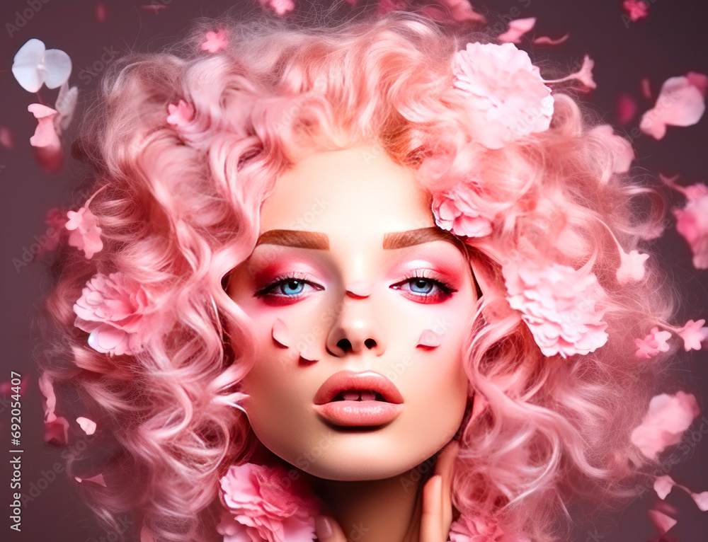 Fashion concept - woman with creative makeup in pink colors surrounded by flowers