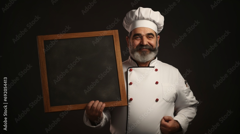 A middle-aged man carrying a blackboard is dressed as a chef. . A middle-aged man carrying a blackboard is dressed as a chef. .