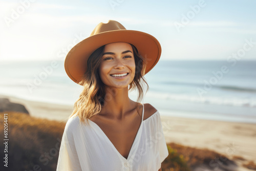 Beautiful smile female woman traveler on the beach and sky background. One solo girl with wing hat traveling and having fun on the seaside ocean or lagoon island. © Virtual Art Studio