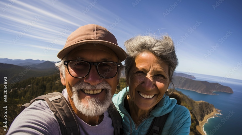 Elderly Happy Couple Taking a Selfie Against a Scenic Mountain and Lake Landscape During Their Journey