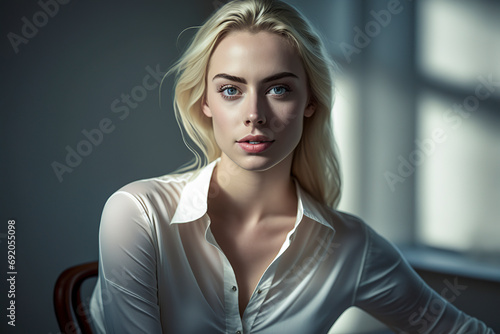 young woman sitting in a chair, wearing a white blouse, ai generative