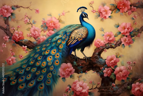 painting of a peacock bird in bright. beautiful colors among flowers. vintage drawing style