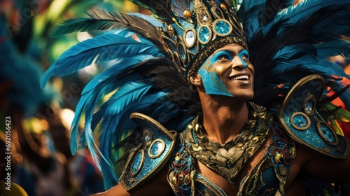 happy man king of the carnival in Rio de Janeiro, with blue mascara, poster, banner © Dmitriy