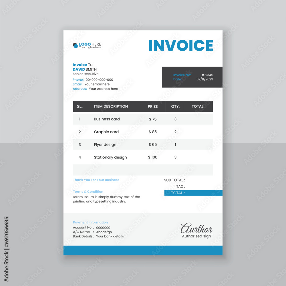 Modern and simple invoice design template. Modern and simple invoice design template.