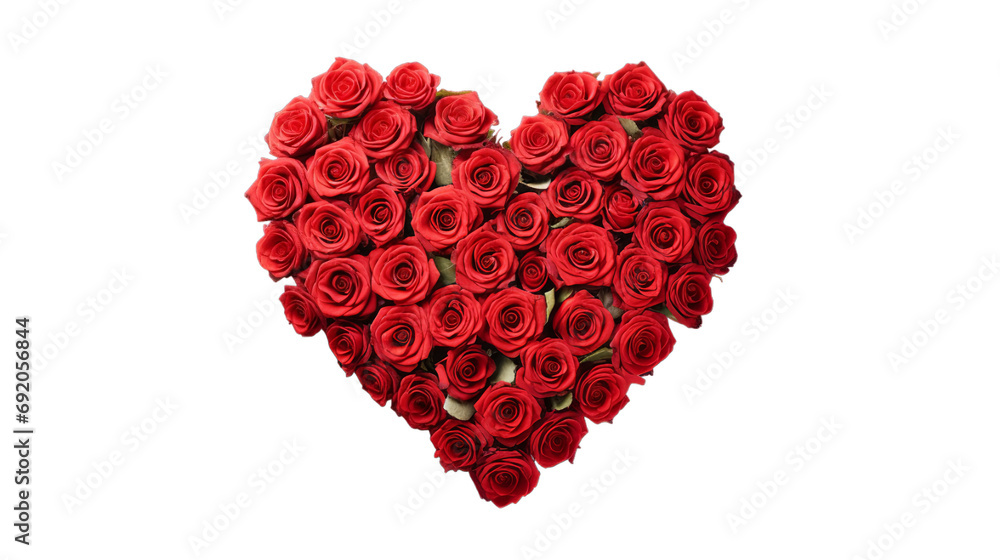 top view of heart made with red rose for valentine's day isolated on transparent background.