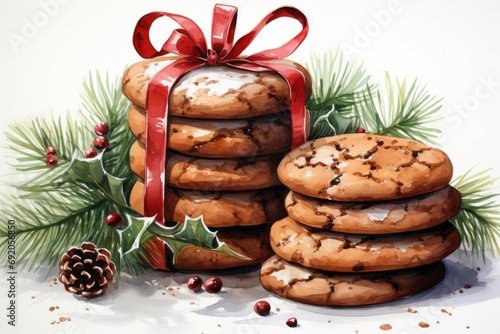 Watercolor illustration of Christmas cookies, with Christmas decorations with white background.