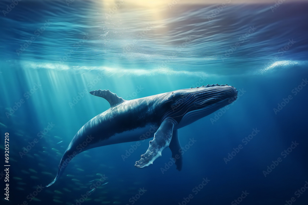 Blue Whale under water with sun light streaming down from the surface above.