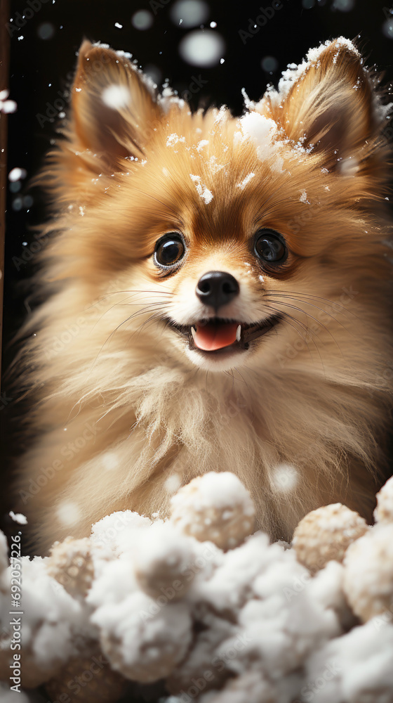 Happy Pomeranian Spitz during a snowfall, close-up. Happy Pomeranian Spitz during a snowfall, close-up.