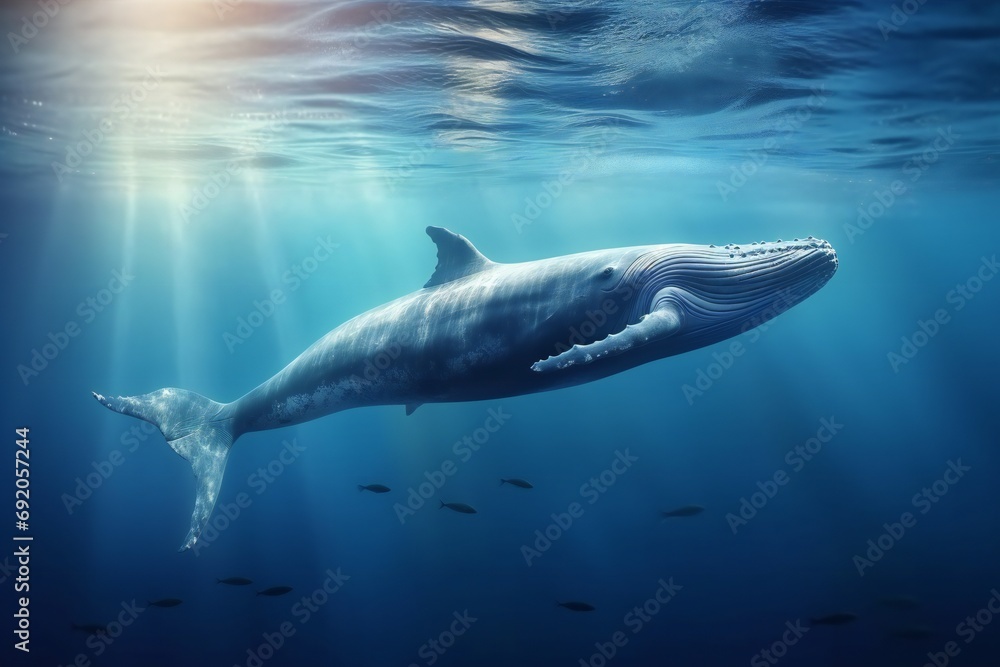 Fototapeta premium Blue Whale under water with sun light streaming down from the surface above.