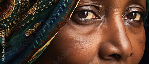 Close up portrait of old Woman arab muslim elderly in hijab . female brown eyes and face covered. Oriental girl in a burqa. Straight look expressive eyes, close-up portrait. Generative ai photo