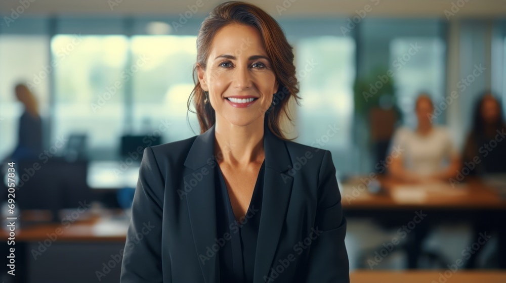 A senior business woman is smiling with black shirt and black blazer A senior business woman is smiling with black shirt and black blazer