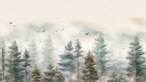 Coniferous forest in the morning fog. Spruce forest Surrounded by Fog on white
