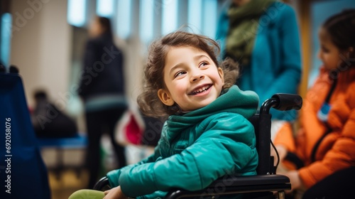 Happy girl with disability in wheelchair at school