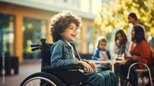 Happy child with disability in wheelchair at school photo