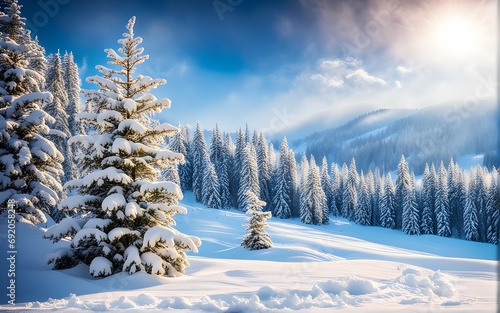 winter wonderland - Christmas background with snowy fir trees in 