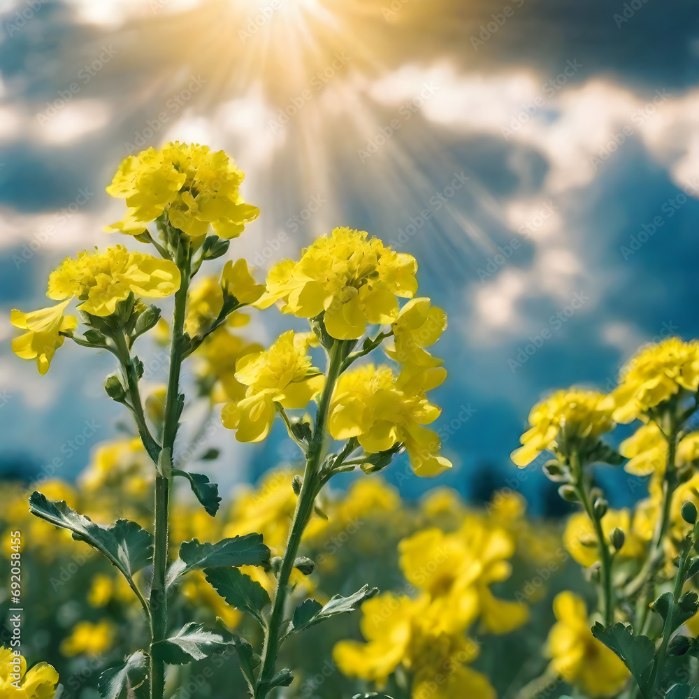 flowers close up against a blue sky with clouds in rays of sunlight on nature in spring flowers close up against a blue sky with clouds in rays of sunlight on nature in spring