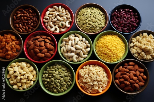 Set of different nuts in wooden bowls.