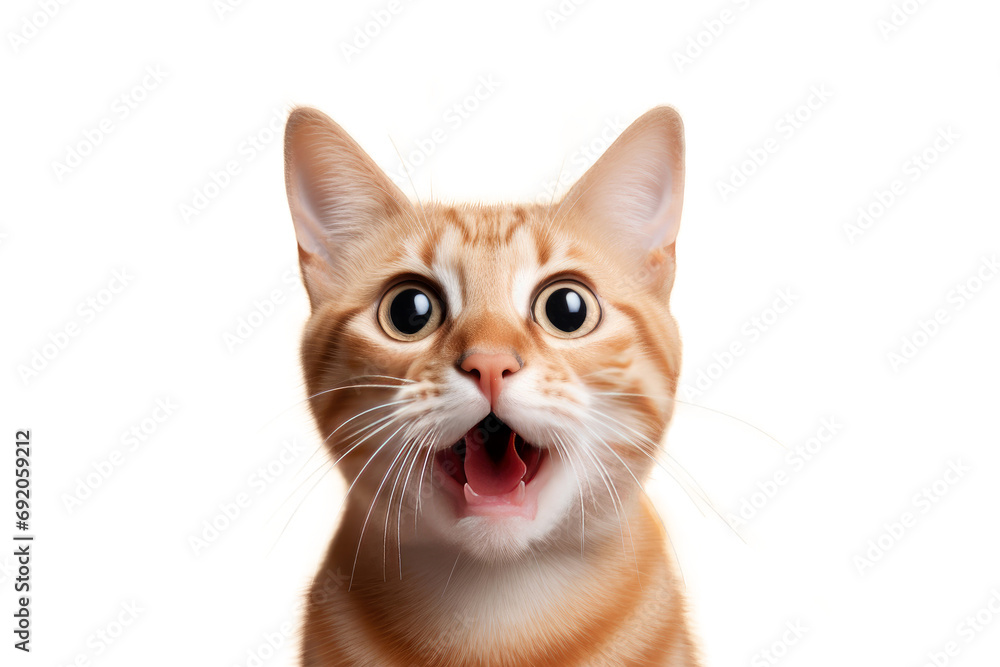 Studio portrait of funny and excited cat face showing shocked or surprised expression isolated on transparent png background.