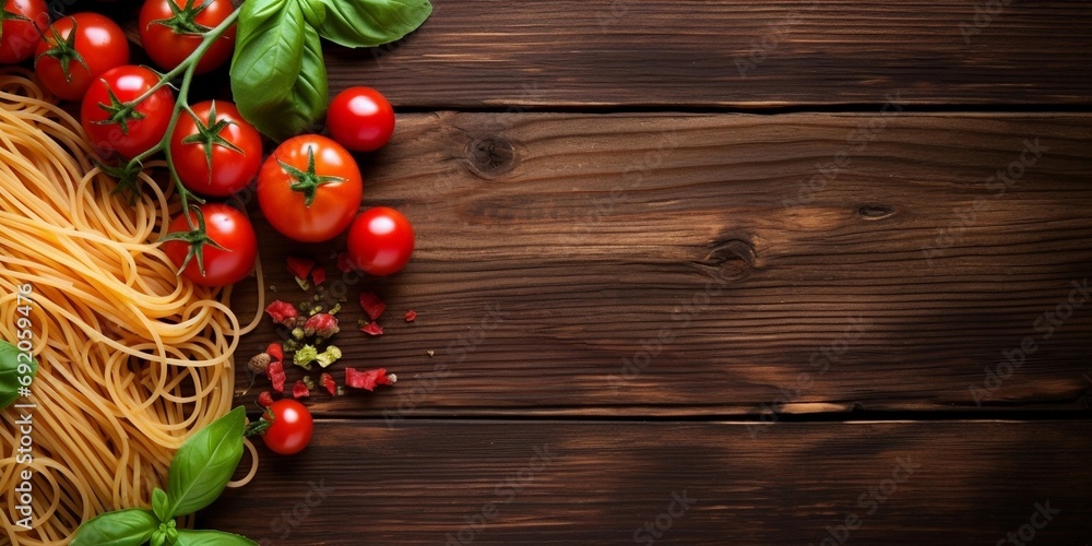 spaghetti with tomato and basil on wooden plate with space for text spaghetti with tomato and basil on wooden plate with space for text