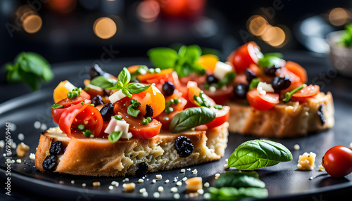 Bruschetta mit Oliven, Tomaten und Basilikim photo