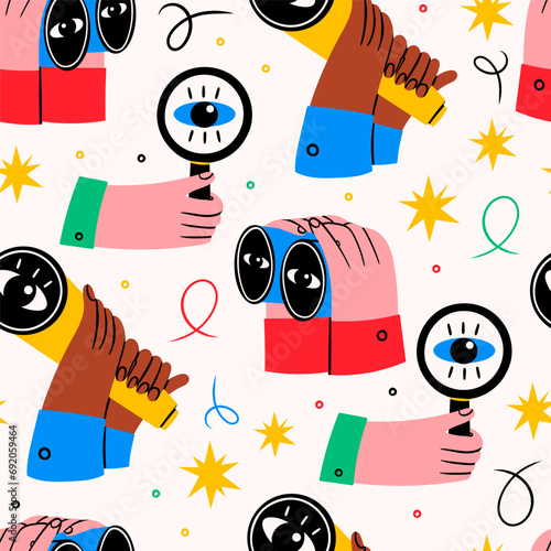 Human hands with binoculars, magnifying glass, spyglass telescope. Searching, finding, web surfing, looking for opportunities concept. Hand drawn Vector illustration. Square seamless Pattern