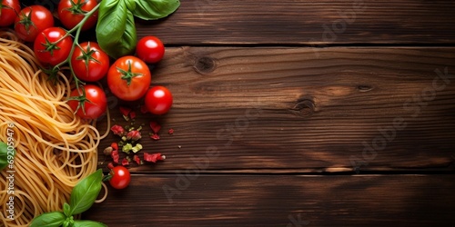 spaghetti with tomato and basil on wooden plate with space for text