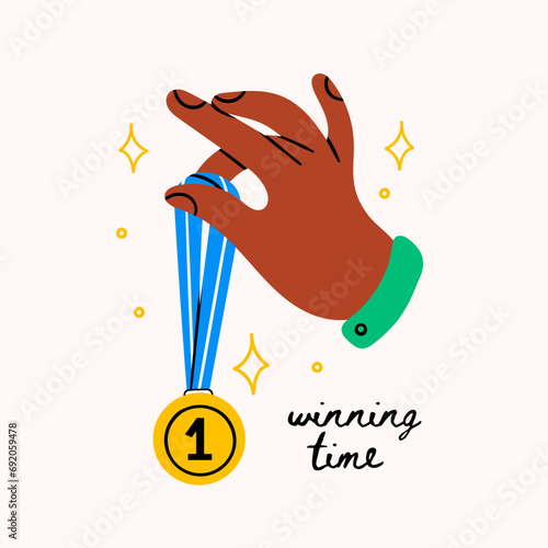 Hand holding golden medal. Award, first place medal, prize, champion trophy. Winning time. Hand drawn trendy Vector illustration. Isolated design element. Victory, competition concept