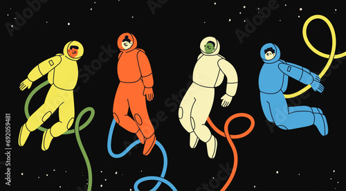 People flying in outer space. Colorful suits. Astronaut or spaceman. Cute characters. Cartoon flat style. Hand drawn Vector illustration. Isolated design elements. Exploration, discovery concept 