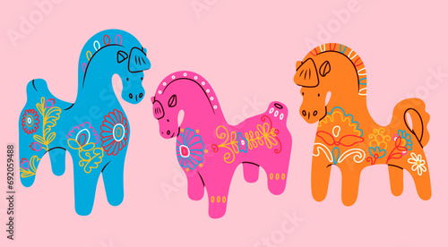 Hand crafted bright clay Horses. Cartoon style. Colorful outline folk ornaments. Hand drawn trendy Vector illustration. Isolated design elements. Cute toy or souvenir