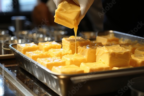 Close-up of a chef taking a melted piece of cheese from a large pan, kitchen in a hotel complex.