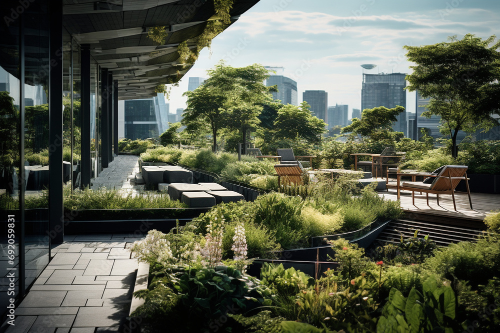 View of Landscape architect designing a rooftop garden for an urban building ...