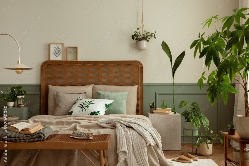 Φωτογραφία Warm and cozy bedroom interior with mock up poster frame, boho bed, beige bedding, green wall with stucco, books, brown slippers, plants in pots and personal accessories