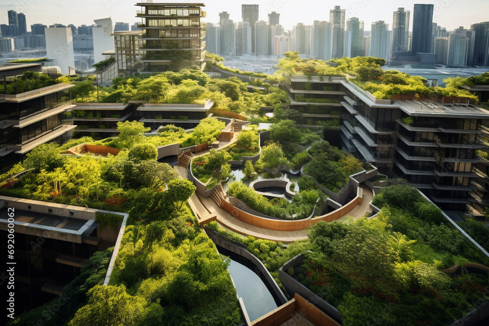 Fototapeta premium Landscape architect designing a rooftop garden for an urban building. Green urban spaces and sustainable city development.