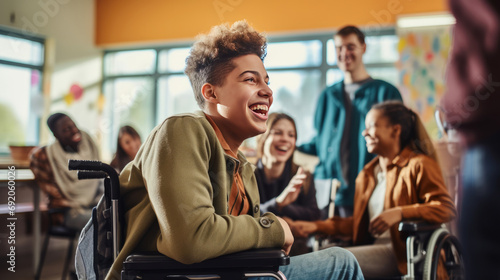 Happy teenager with disability in wheelchair interact with friends at school photo