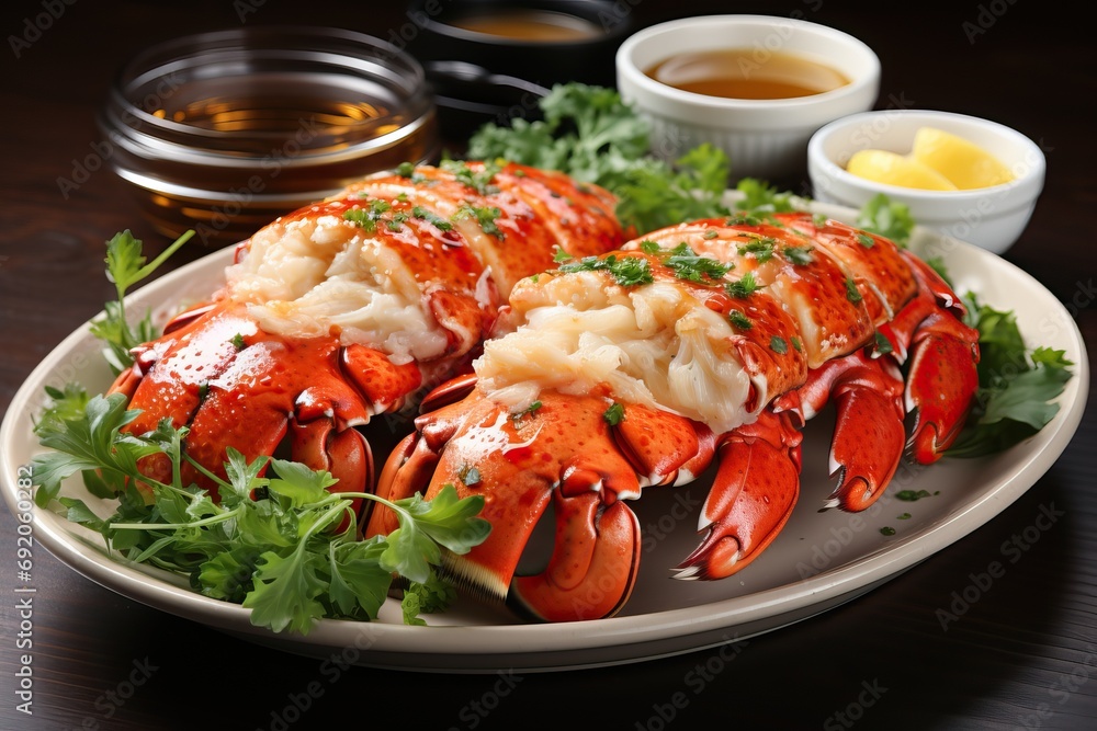 Cooked lobster on a plate with lemons and sauces. Cooked lobster on a plate with lemons and sauces.