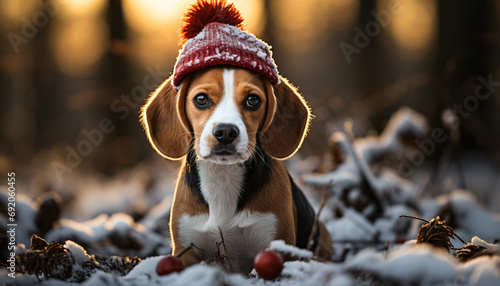 Cute dog in a beanie in the snow