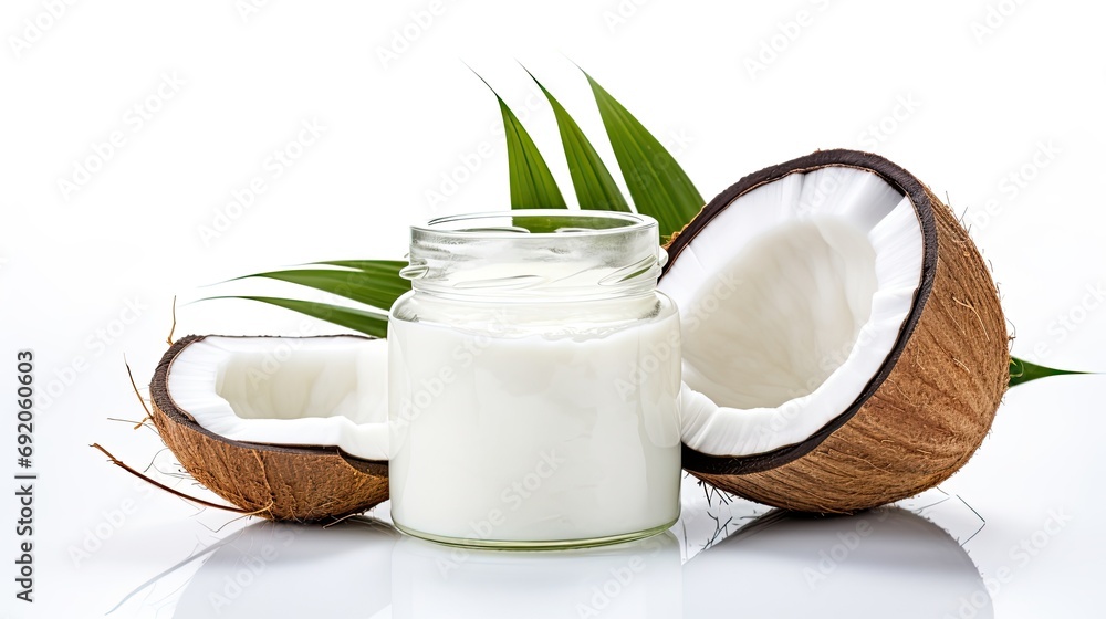 Organic coconut oil in a jar isolated on white background. Healthy vegan alternative. Organic coconut oil in a jar isolated on white background. Healthy vegan alternative.