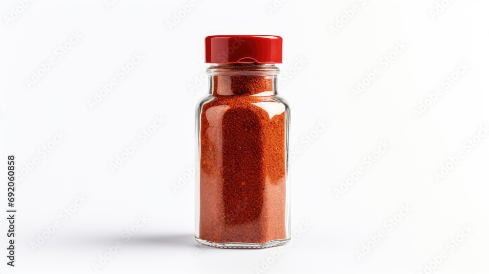Red chili powder in transparent glass jar isolated on white background Red chili powder in transparent glass jar isolated on white background
