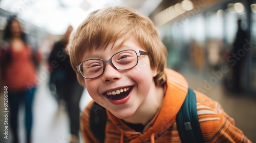 Happy kid with down syndrome smiling photo