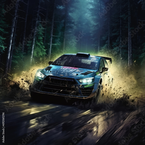 A blue rally car speeds down a wet and muddy dirt road in the forest. The car is covered in mud and dirt, and the driver wears a helmet.
