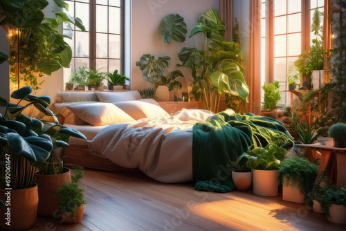 Home garden, bedroom in white and wooden tones. Close-up, bed, parquet floor and many houseplants. Urban jungle interior design. Biophilia concept. photo